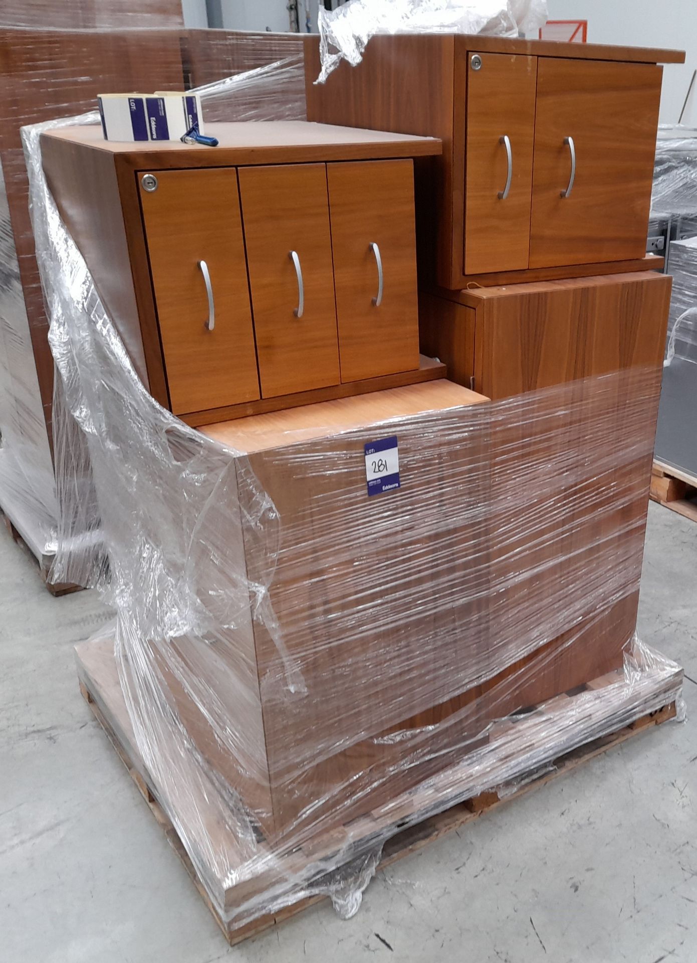 2 x Medium oak effect cabinets, with 2 x medium oak effect pedestals, as lotted to pallet