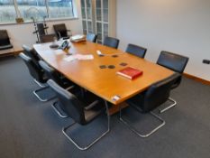 Dark oak effect shaped boardroom table (3200 x 1500), to first floor boardroom, with 12 x leather