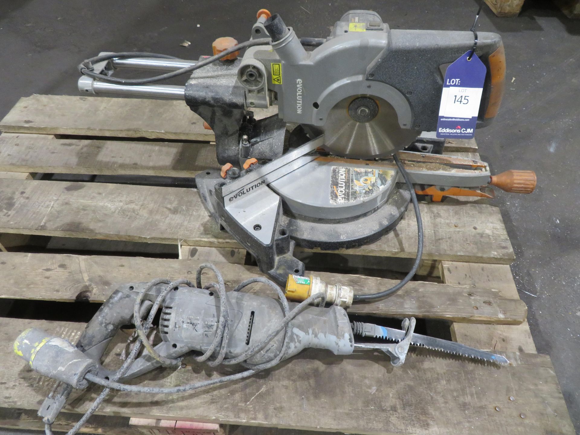 Evolution Rage3 multi purpose sliding mitre saw 110V with unbadged reciprocating saw 110V