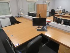 6x desks, 3x drawer units, 3x chairs, double door cabinet and a four drawer metal filing cabinet