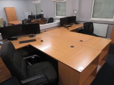 4x desks, 2x double door cabinets, 2x drawer units, 3x shelf units and 3x chairs