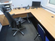 4x desks, double door cabinet, drawer unit and 4x chairs