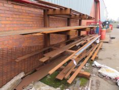 3 tier steel fabricated stock rack with contents along with 2 pallets of various steel cut-offs and