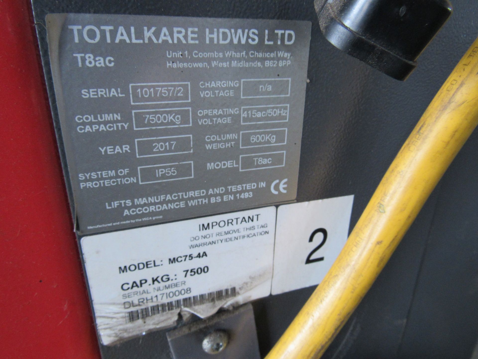 4 Totalkare T8AC 7500Kg Mobile Column Vehicle Lift, Year 2017, Serial Numbers 101757/4, 101757/1, - Image 4 of 11