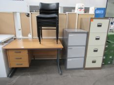 Right sided office desk with 4x chairs, four drawer locker and three drawer locker (no keys)