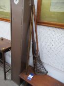 Vintage cricket bat from J. Wisden & Co- London, Vintage Lacrosse stick and two pool/snooker cues