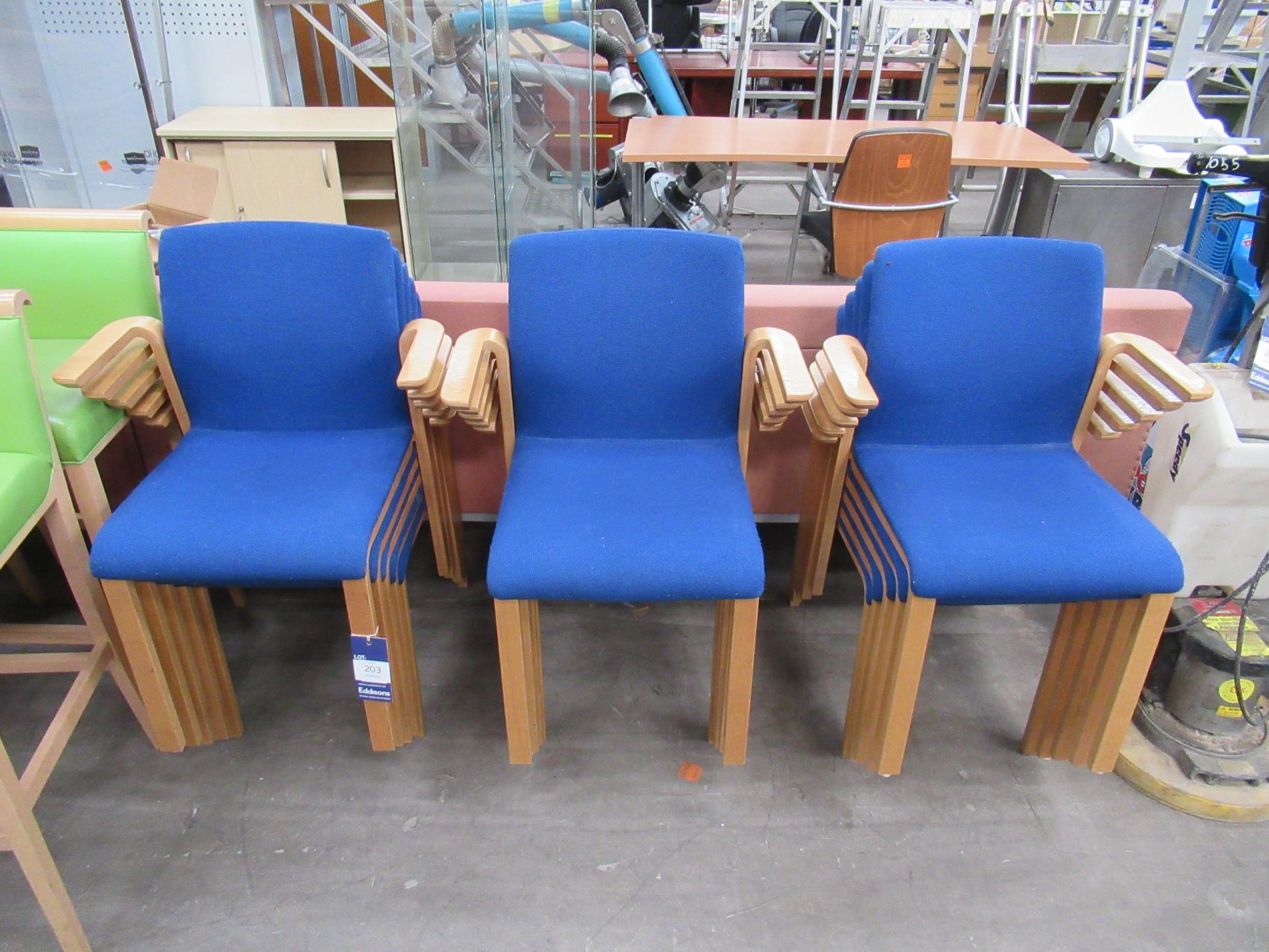15x blue upholstered wooden framed reception chairs