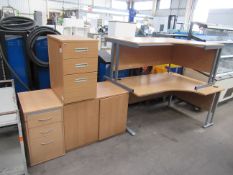 2x left sided corner desks with 2x three drawer pedestals and a two door cabinet