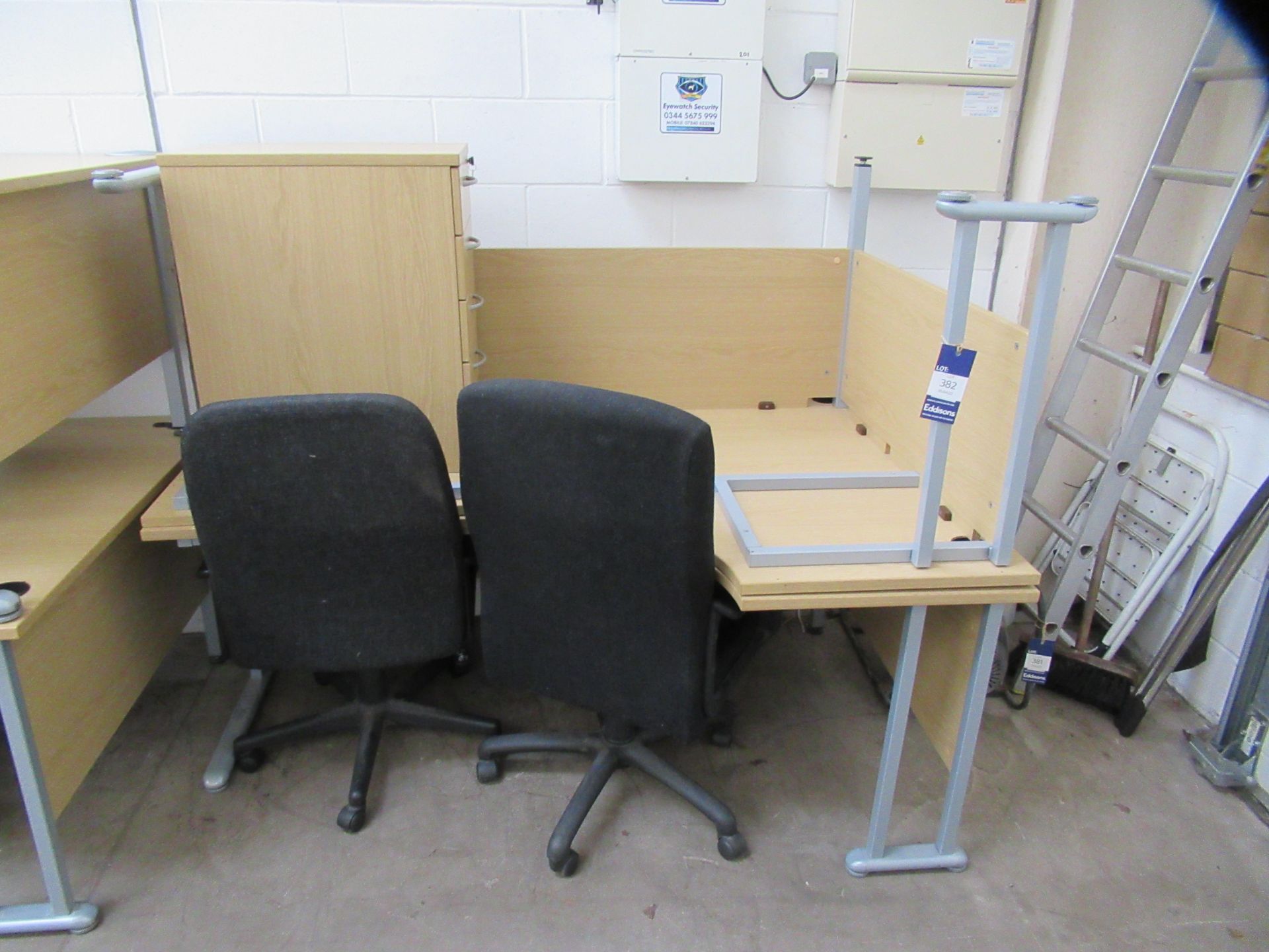 Two corner desks 1x left sided, 1 x right sides, 2x adiminisration chairs and a four drawer pedestal