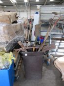Selection of garden tools including pickaxe (bin not included)