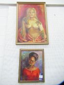 Oil on board of undressed woman with another oil on board of a woman