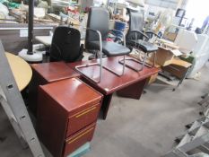 Dark wood office desk, matching pedestals (2x) and 2x chairs.