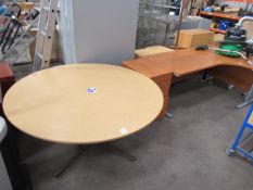 Office furniture to include round table 1500mm diameter, left sided desk and pedestal.