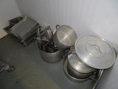 Qty of Large Stock Pots, Frying Pans and Stainless Steel Trays
