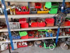 Assortment of flanges, valves, elbows etc, to 3 x shelves, and floor
