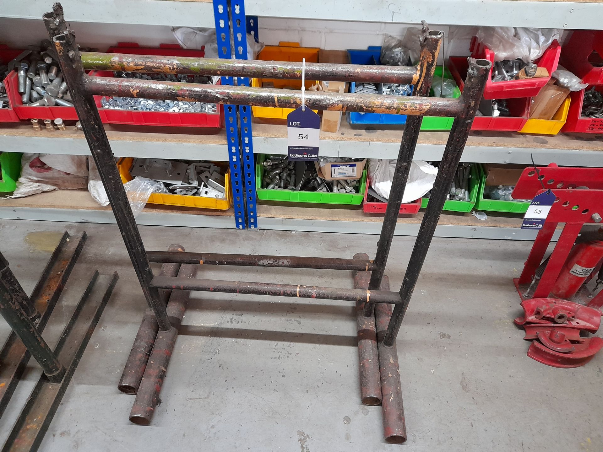 Pair of steel fabricated trestles, and steel fabricated adjustable V trestle