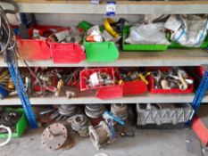 Assortment of flanges, valves etc, to 2 x shelves, and floor