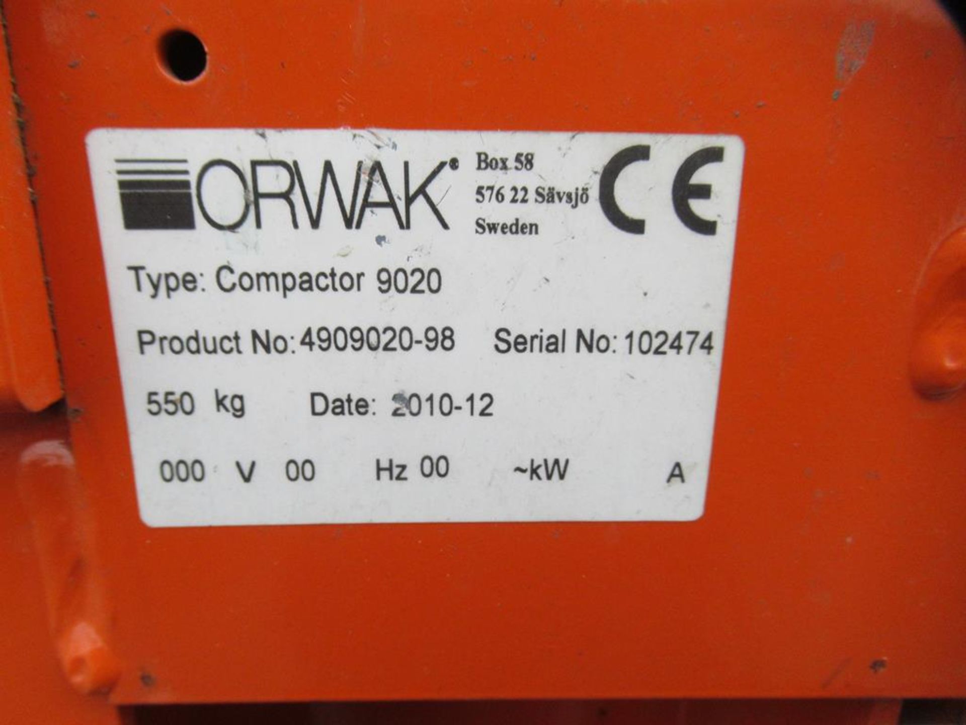 Orwak 9020S triple chamber baler (s/n 1101102845) 400V, 50/60Hz, 3Kw - Image 9 of 11