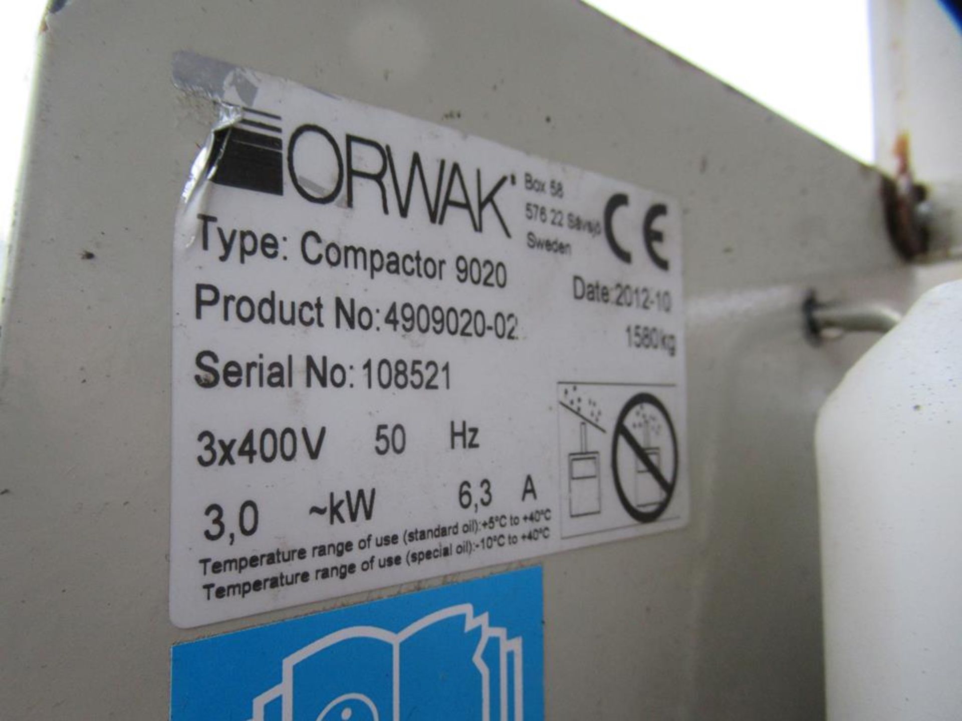 Orwak 9020S triple chamber baler (s/n 1210108521) 400V, 50/60Hz, 3Kw - Image 10 of 11