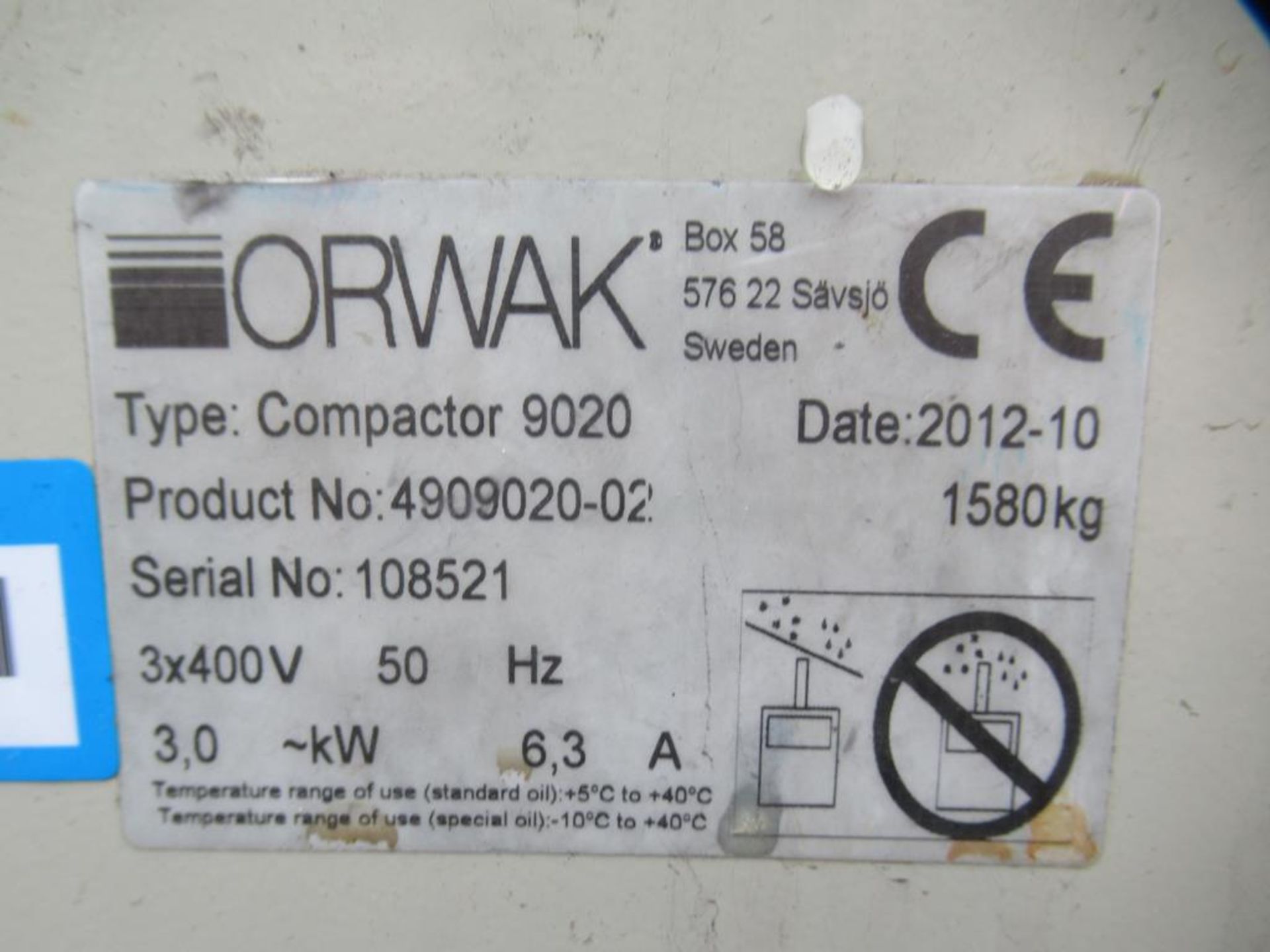 Orwak 9020S triple chamber baler (s/n 1210108521) 400V, 50/60Hz, 3Kw - Image 7 of 11