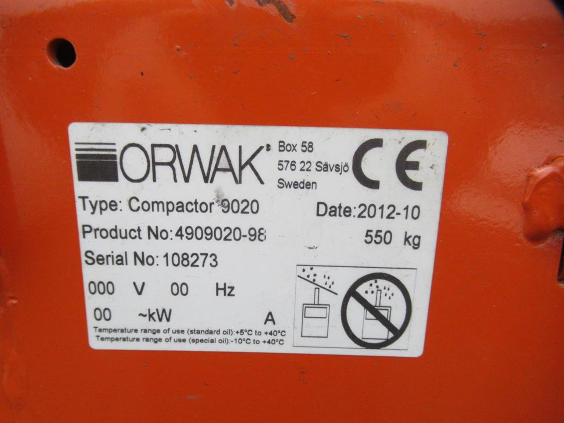 Orwak 9020S triple chamber baler (s/n 1210108521) 400V, 50/60Hz, 3Kw - Image 11 of 11