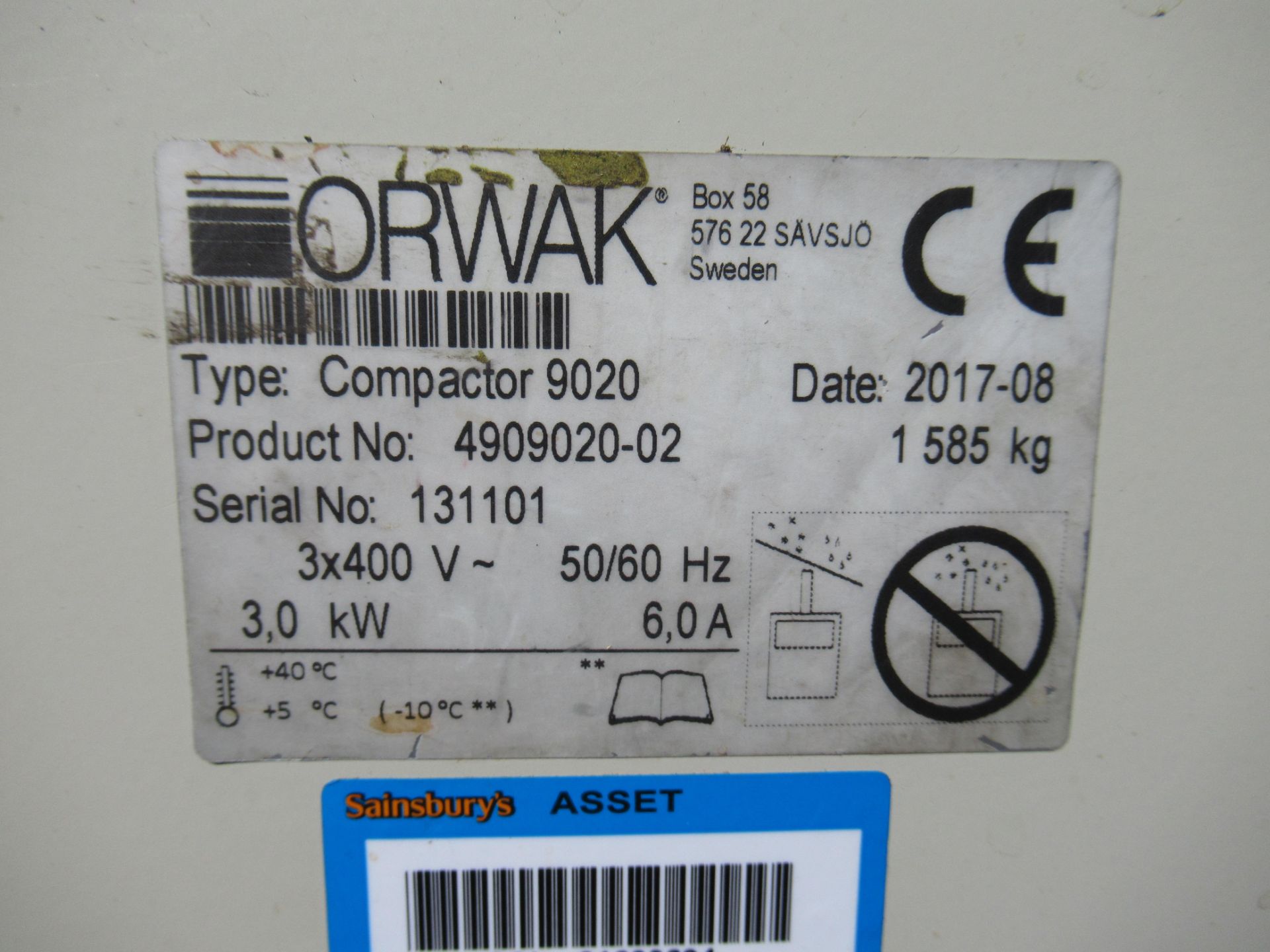 Orwak 9020 Triple chamber baler (s/n 8131101) 400V, 50/60Hz, 3Kw - Image 2 of 7