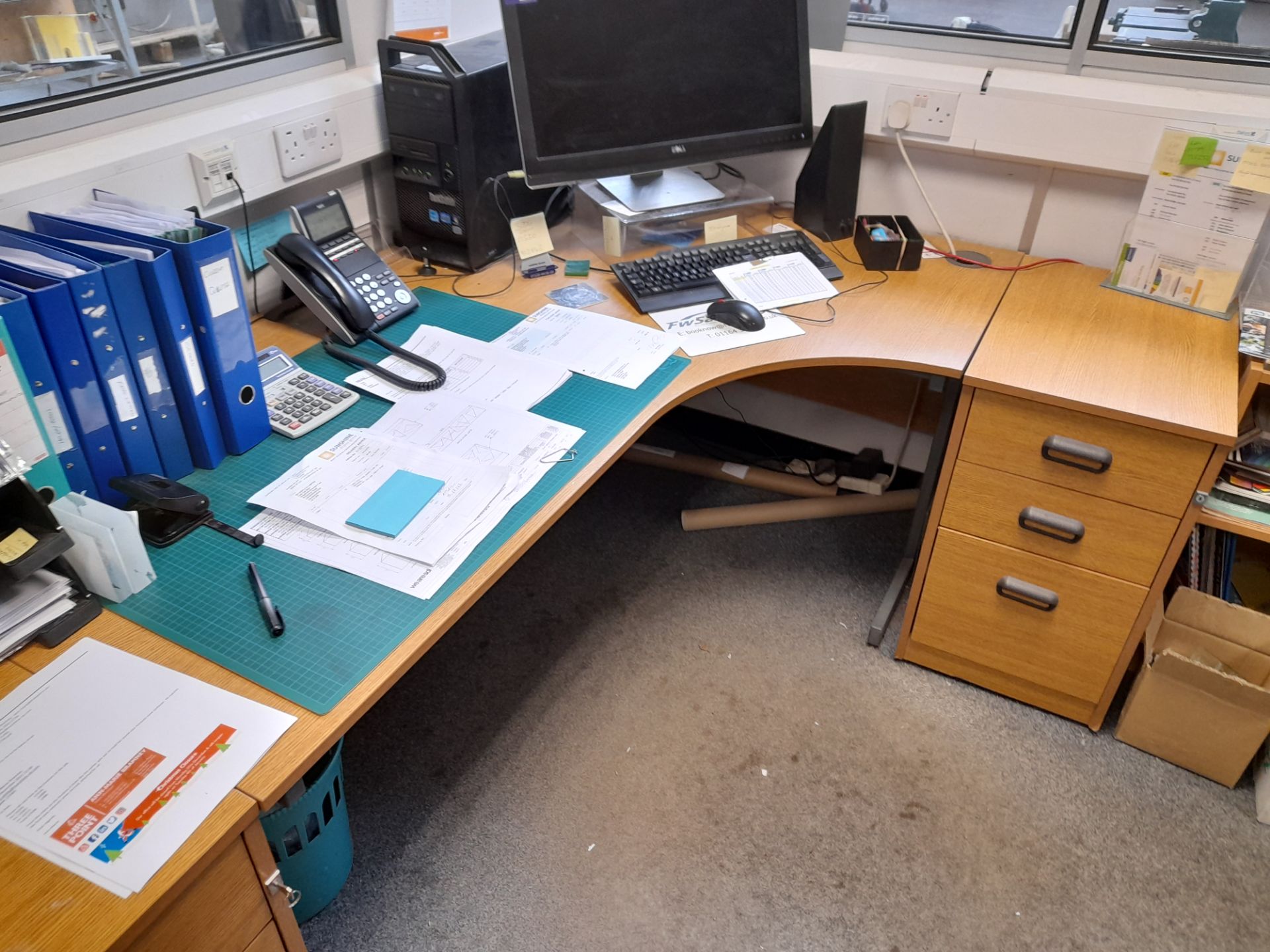 Single Person Workstation with 2 Pedestals, Double Door Cabinet and low level bookshelf (computer - Image 3 of 4