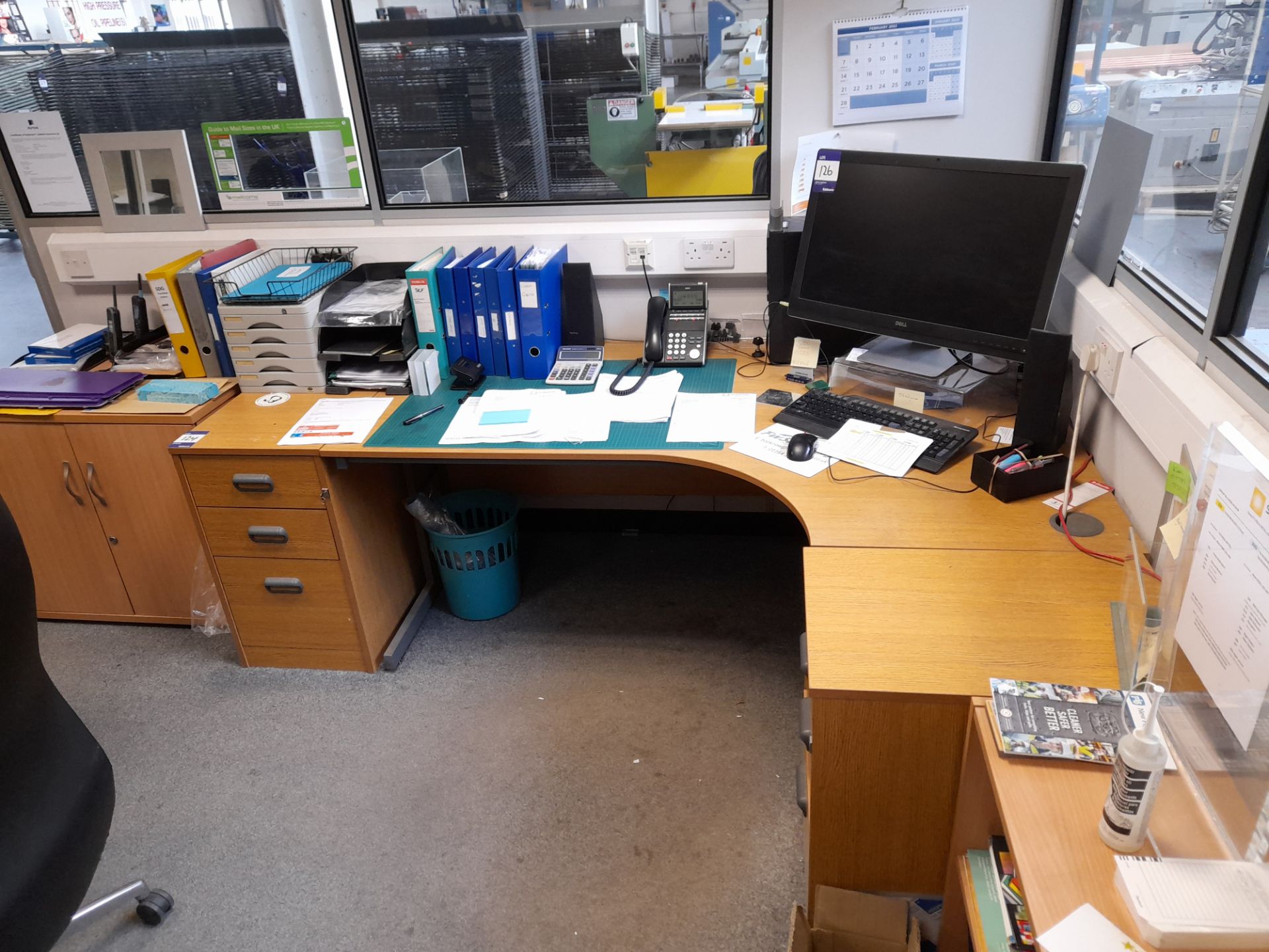 Single Person Workstation with 2 Pedestals, Double Door Cabinet and low level bookshelf (computer