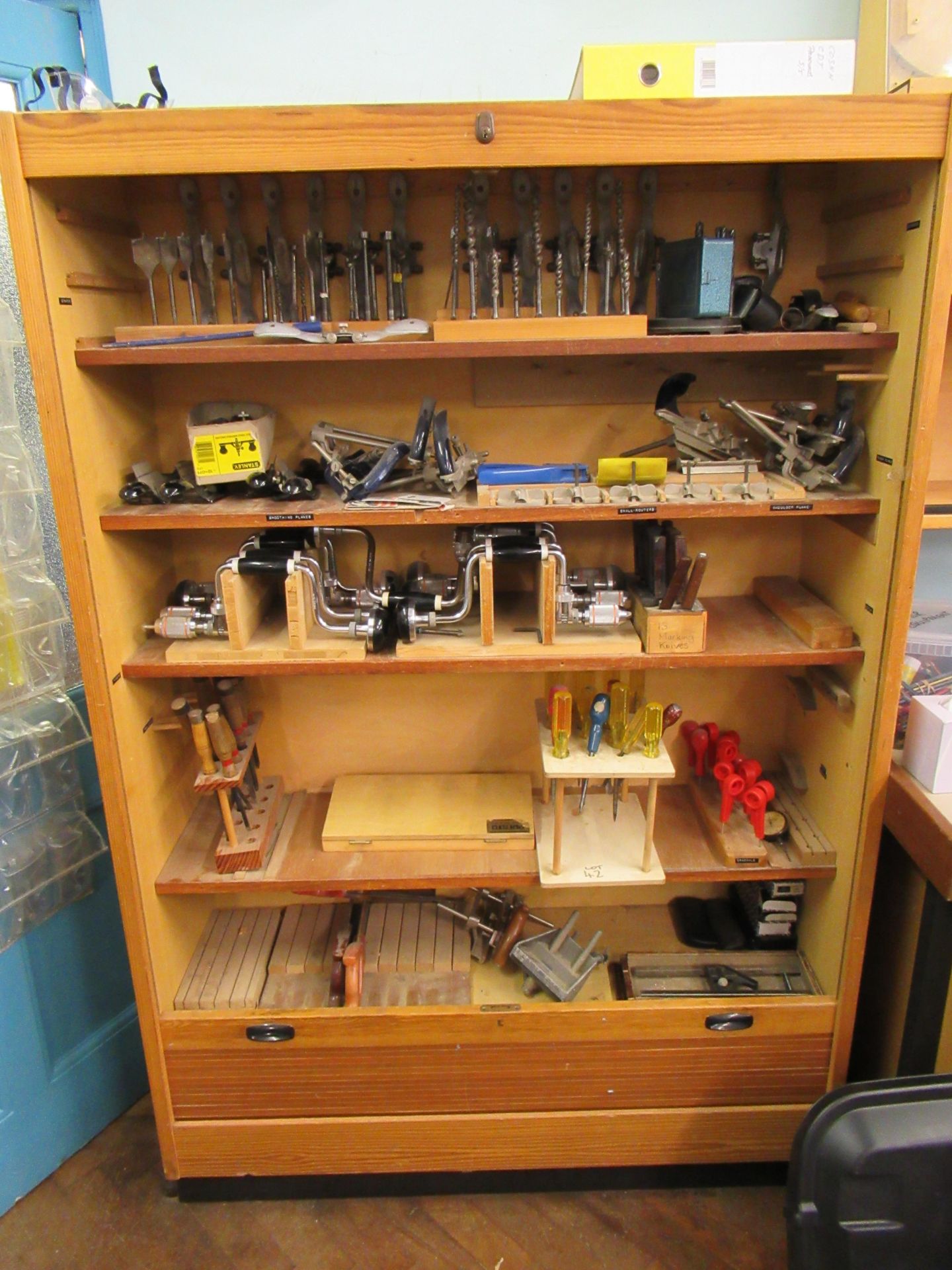 Quantity of Handtools & Metrology Equipment and 2 Lift Up Tambour Front Wooden Cabinets