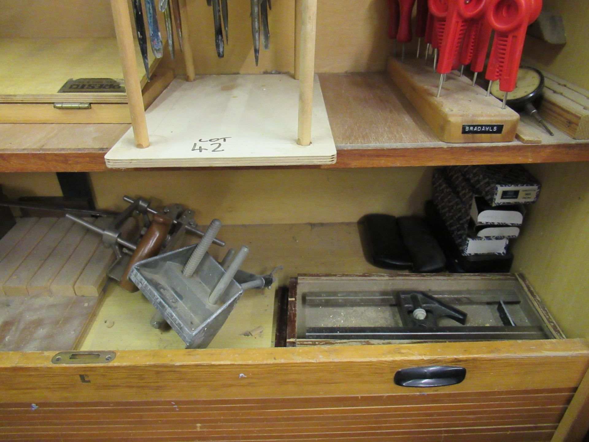 Quantity of Handtools & Metrology Equipment and 2 Lift Up Tambour Front Wooden Cabinets - Image 15 of 16