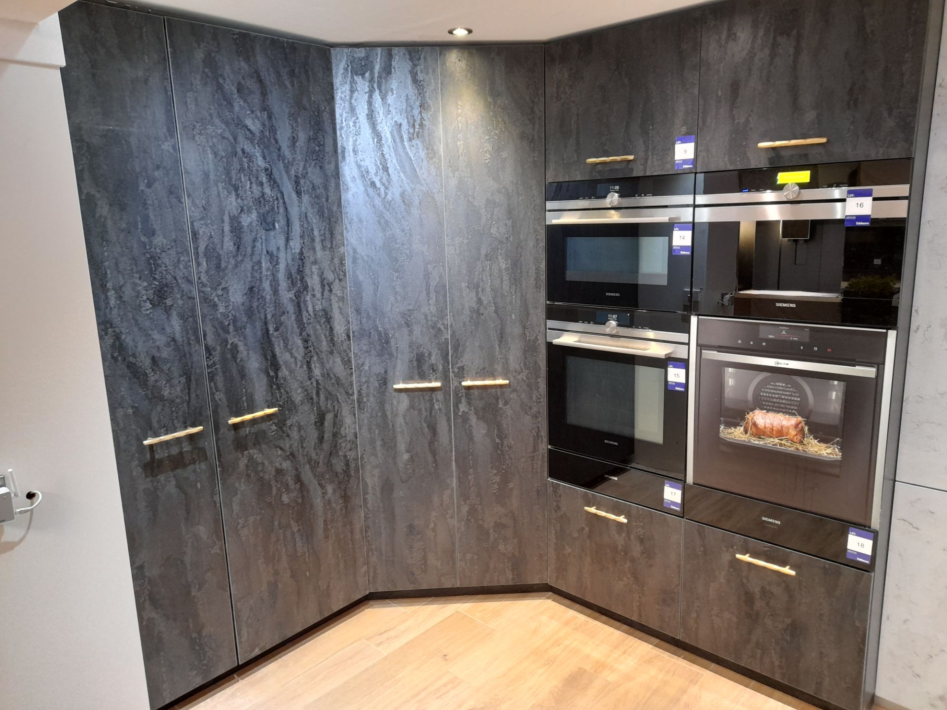 Bespoke modern tall corner bank kitchen suite, cha