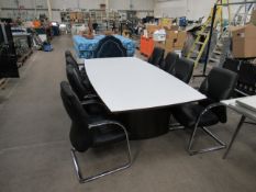 Contemporary boardroom table with 8 leather effect chrome framed cantilever chairs, approx. 2600 x 1