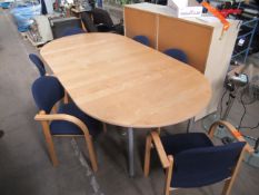 Med Oak effect shaped meeting table with 6 wood framed upholstered chairs 2400 x 1200mm