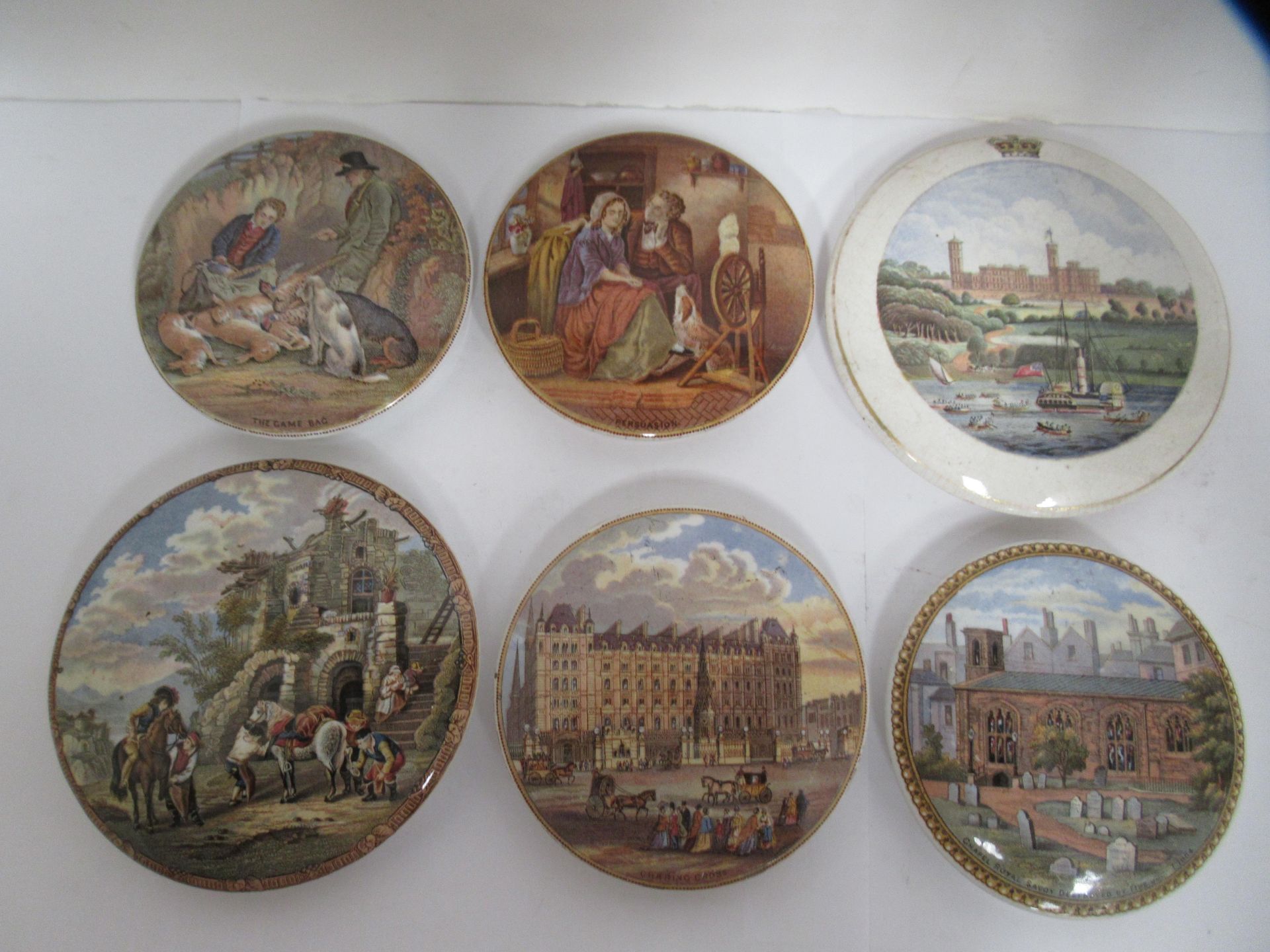 6x Prattware ceramic lids including 'Charing Cross', 'The Game Bag', 'Chapel Royal Savoy Destroyed b