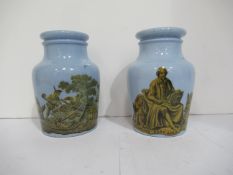 2x Prattware blue jars, one Shakespeare 'The Worlds a Stage'