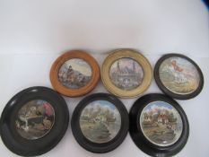 6x Prattware ceramic lids in wooden mounts including 'Paris Exhibition 1878', 'Pegwell Bay 1760'