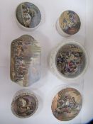 6x Prattware ceramic lids including Pompey & Caesar', 'The Wolf and the Lamb', and 'Wouverman Pinx'