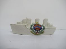 Crested China Arcadian model of battleship with Grimsby coat of arms (120mm x 65mm)