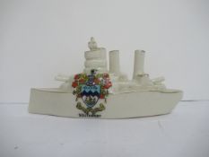 Crested China Arcadian model of battleship with Southport coat of arms (120mm x 30mm)