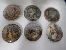 6X Prattware ceramic lids including 'Peace', 'Choir of the Chapel Royal Savoy Destroyed by Fire, Jul