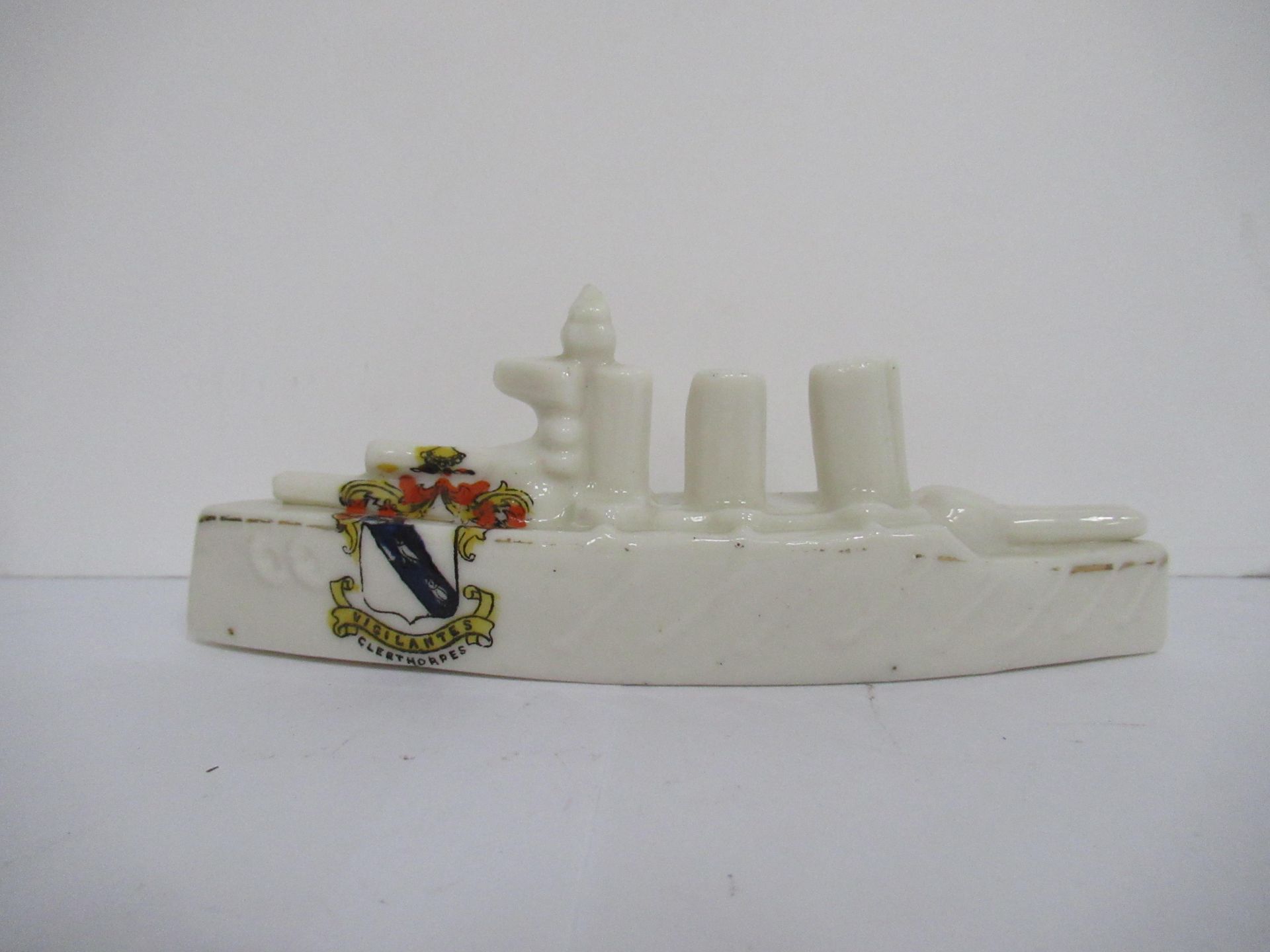 Crested China model of battleship with Cleethorpes coat of arms (120mm x 65mm)