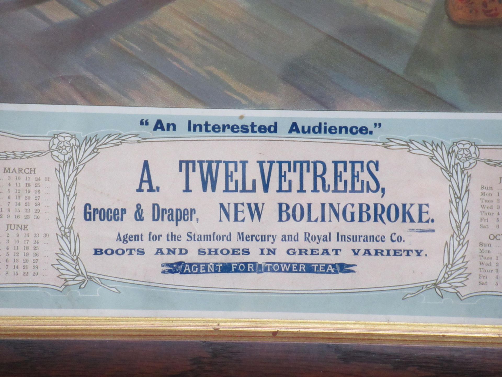 A Twelvetrees Grocer and Draper New Bolingbroke 'An Interested Audience' 1907 calendar in frame (43c - Image 3 of 8