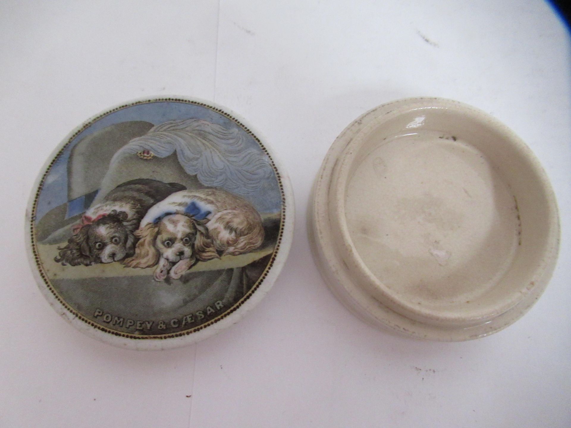 6x Prattware ceramic lids including Pompey & Caesar', 'The Wolf and the Lamb', and 'Wouverman Pinx' - Bild 9 aus 31