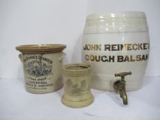 John Reinecke's Cough Balson dispenser, MacSymon's stoves ltd Liverpool jar and another, stamped jar