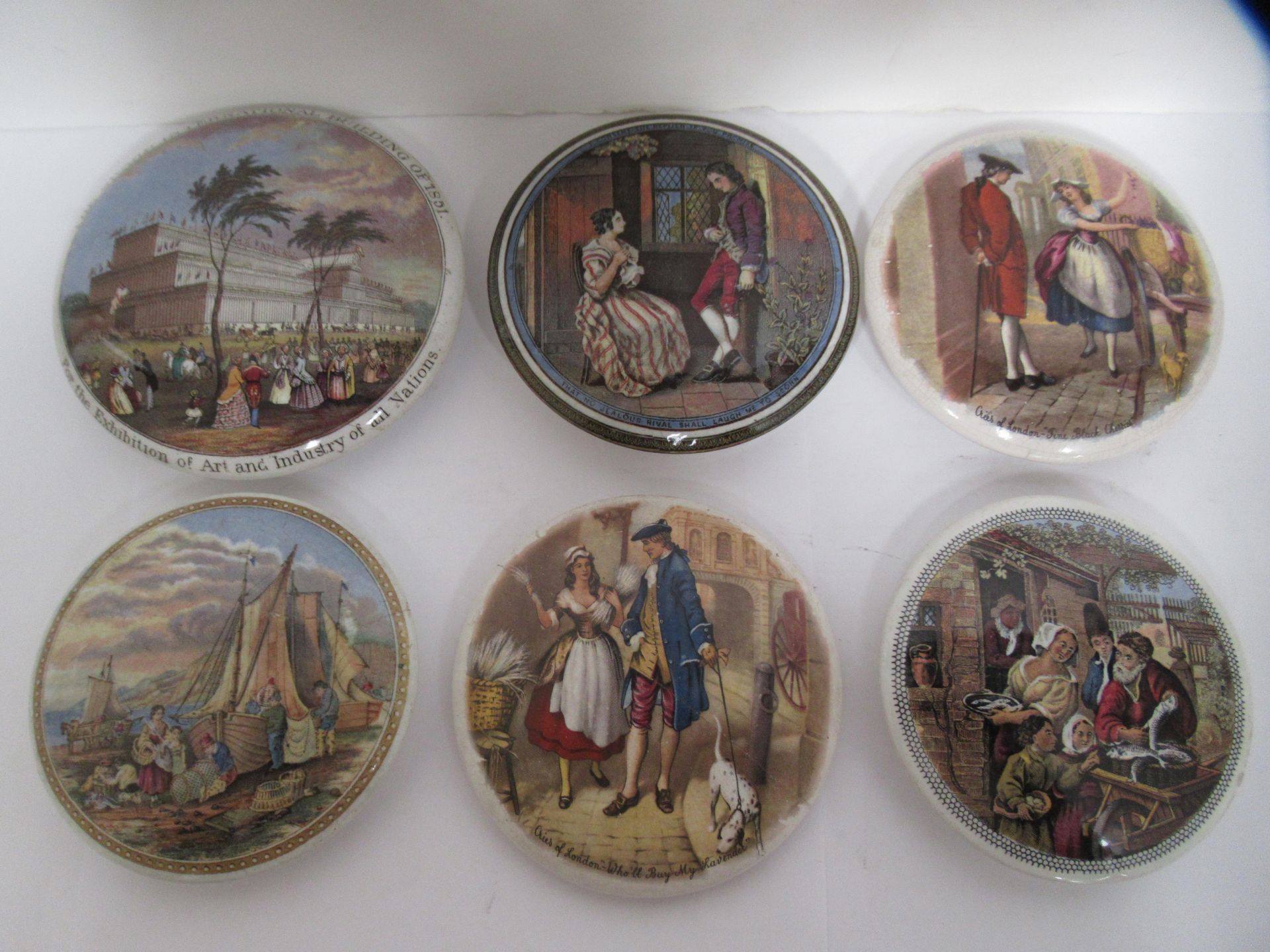 6x Prattware ceramic lids including 'Cries of London- Fie Black Cherries', 'That No Jealous Rival Sh