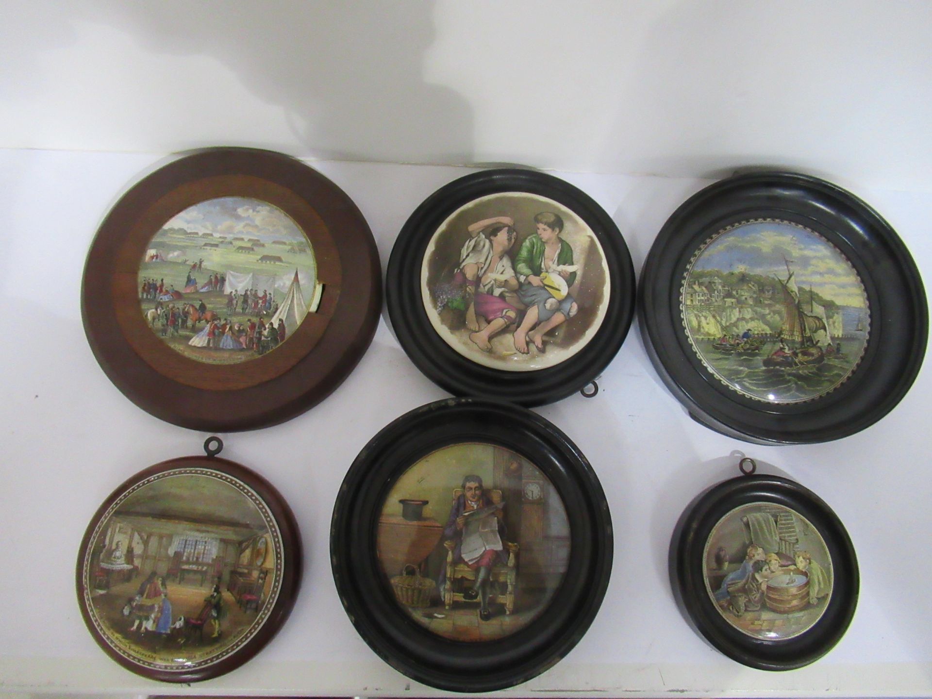 6x Prattware ceramic lids in wooden mounts including 'Pegwell Bay', 'Rifle Contest Wimbledon 1868',