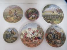 6x Prattware ceramic lids including 'The Sports Man', 'Belle Vue Pegwell Bay', 'Lend a Bite', and 'C