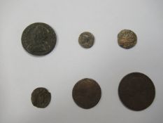6x various coins including Charles I farthing, 17th century coin and 18th century coin (1754)