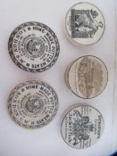 5x Advertising ceramic lids including 'Burgess Anchovy Paste', 'Co-Op Army and Navy potted Meats', '