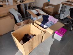 3 – boxes of various hoodies, 1 - box of red light jackets, 1 – box of blank ‘present sacks’, as